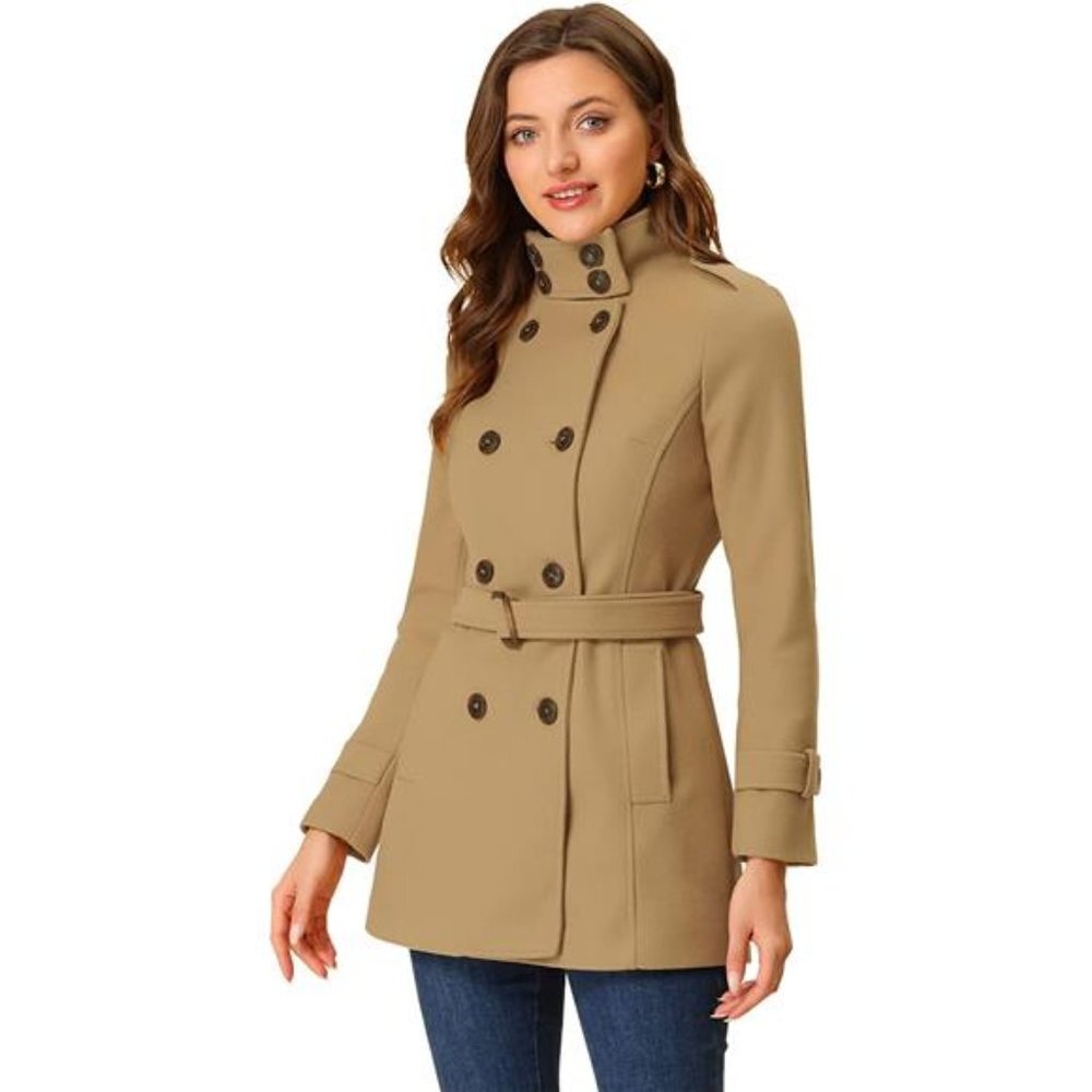 Women's Stand Collar Double Breasted Pockets Trendy Outwear Winter Coat